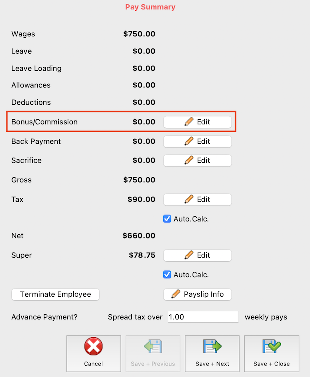 Edit Bonus/Commission on the Edit Pays screen