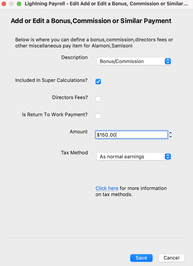 Enter the bonus amount and select a tax method