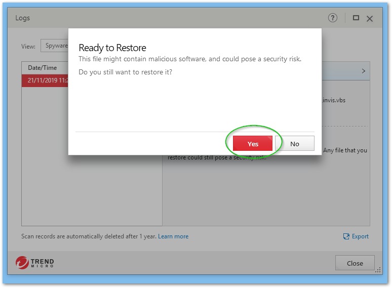 Trend Micro restore confirmation dialog