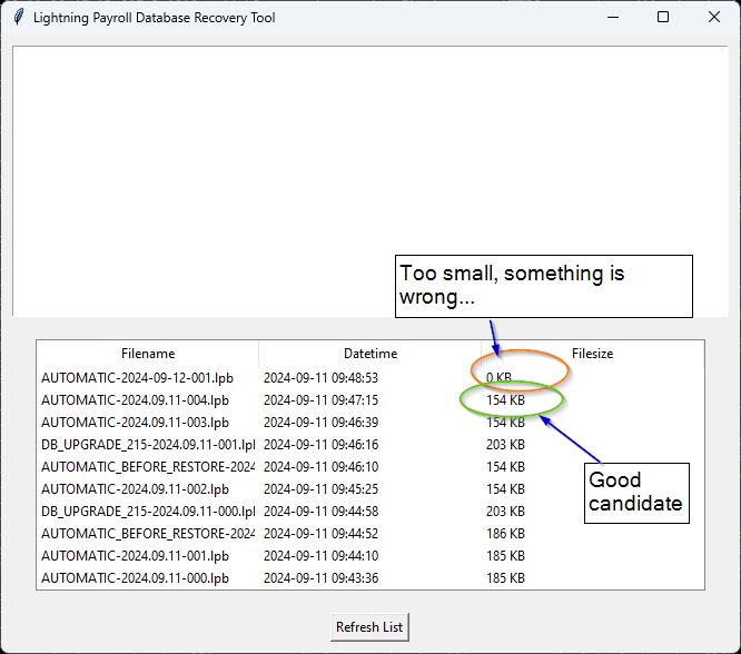 Lightning Payroll Database Recovery Tool showing a list of backup files to restore