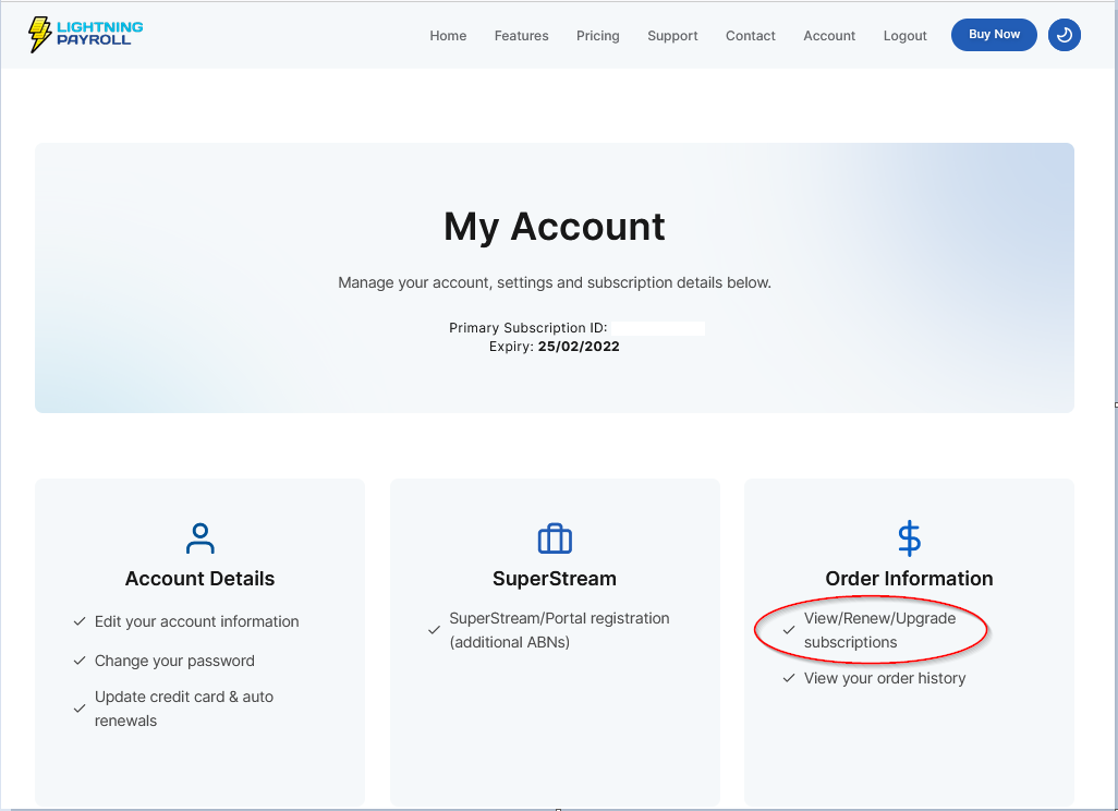 Subscription renewal and upgrade screen showing options