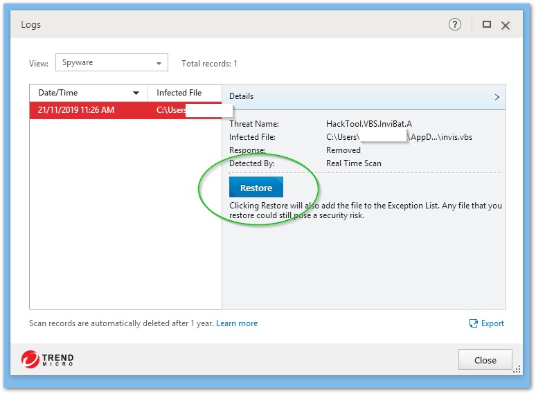 Trend Micro restore button for quarantined file