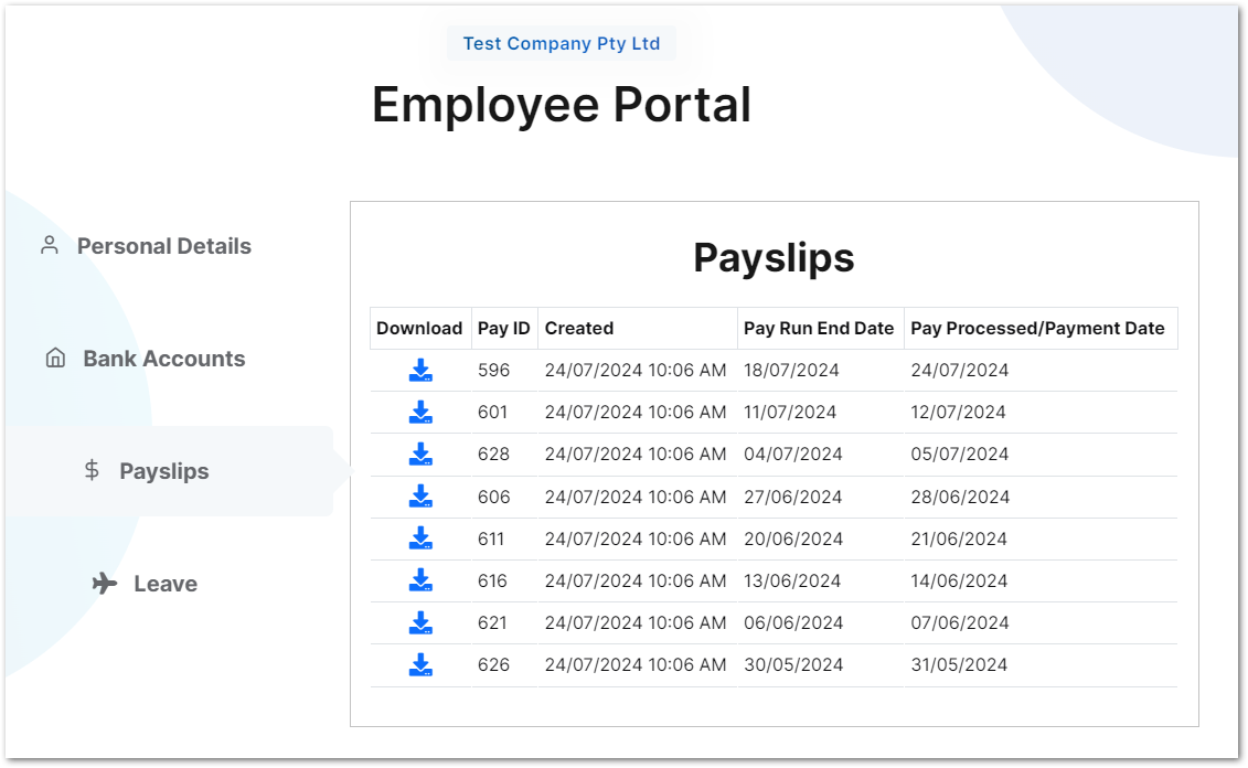 Payslips Portal Table