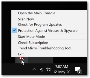 Right-clicking the Trend Micro system tray icon