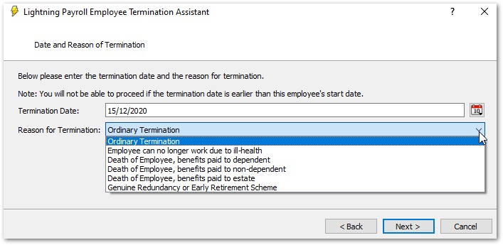 Termination assistant screen 1 showing termination date and reason