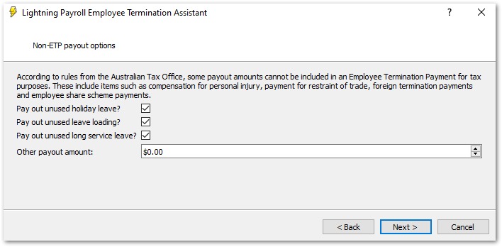 Termination assistant screen for non-ETP selections