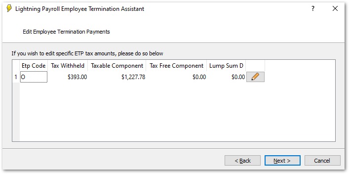 ETP codes and editable tax amounts