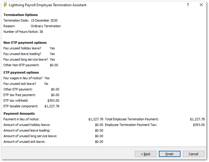 Termination summary screen